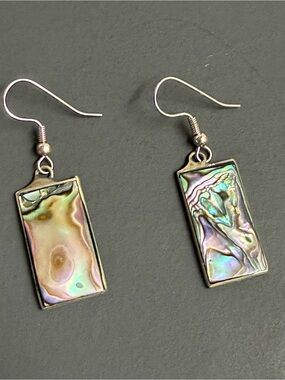 Sterling Silver Abalone Shell Rectangle Drop Earrings - Iridescent 5 Grams